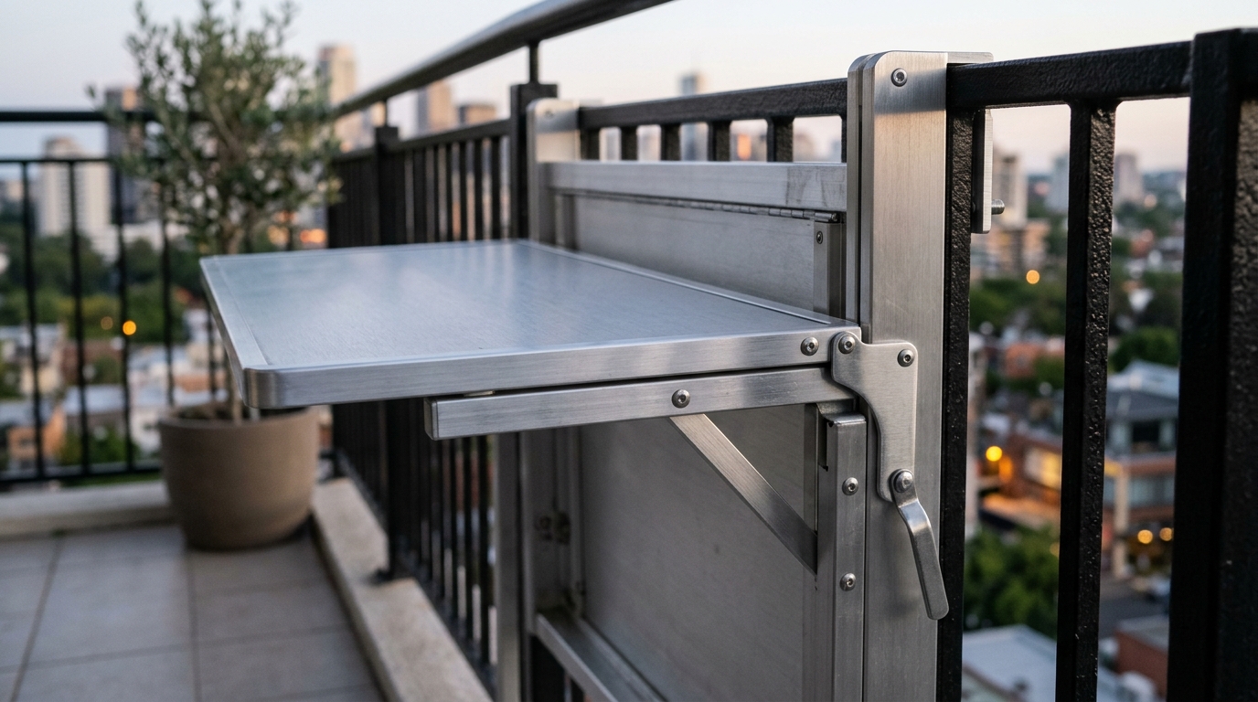 Close-up of a drop-leaf railing table folded down, demonstrating the zero-footprint spatial recovery on a small deck.