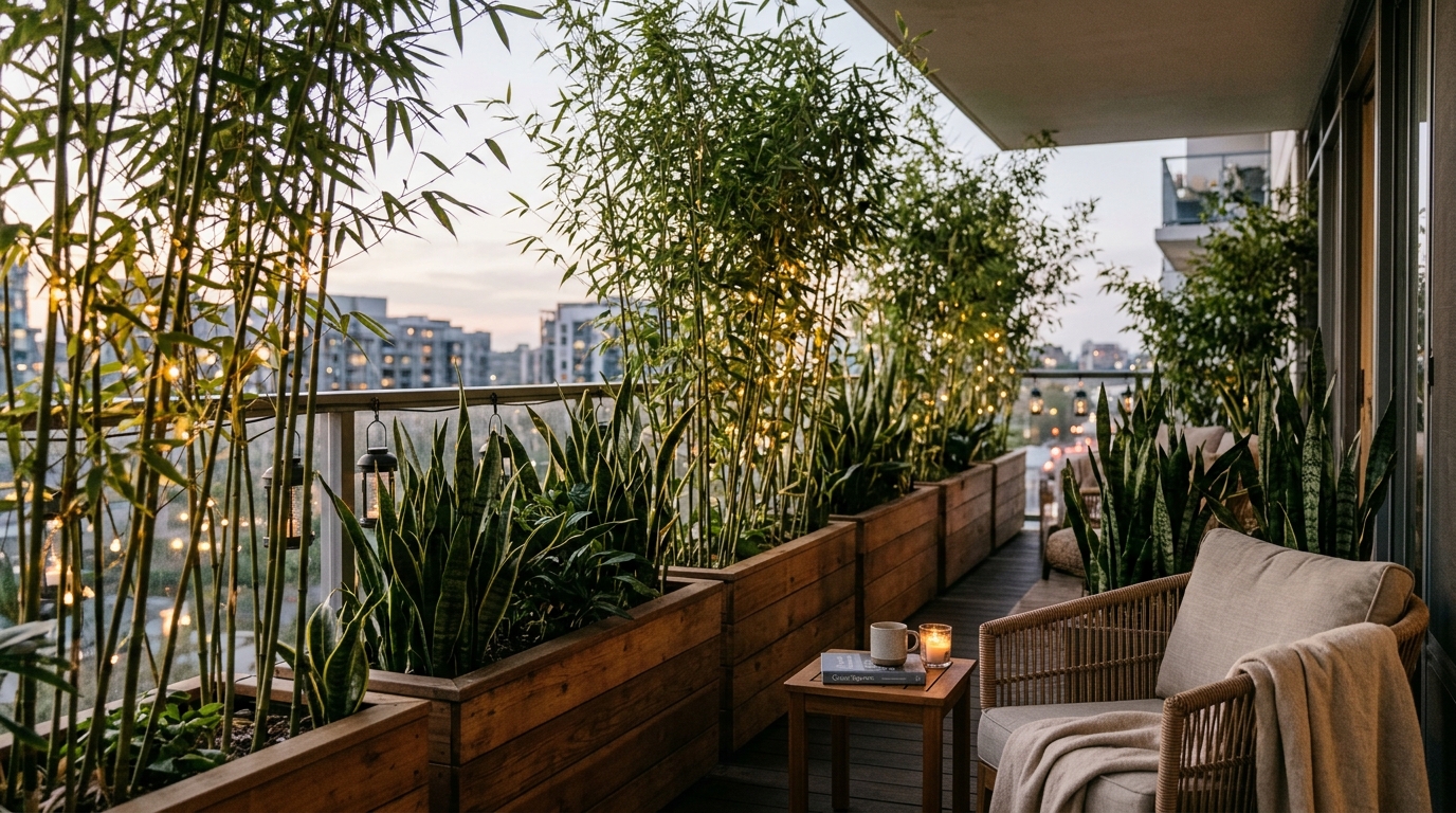 Privacy planters for small balconies featuring tall snake plants and jasmine vines, creating a natural green barrier against an urban backdrop.