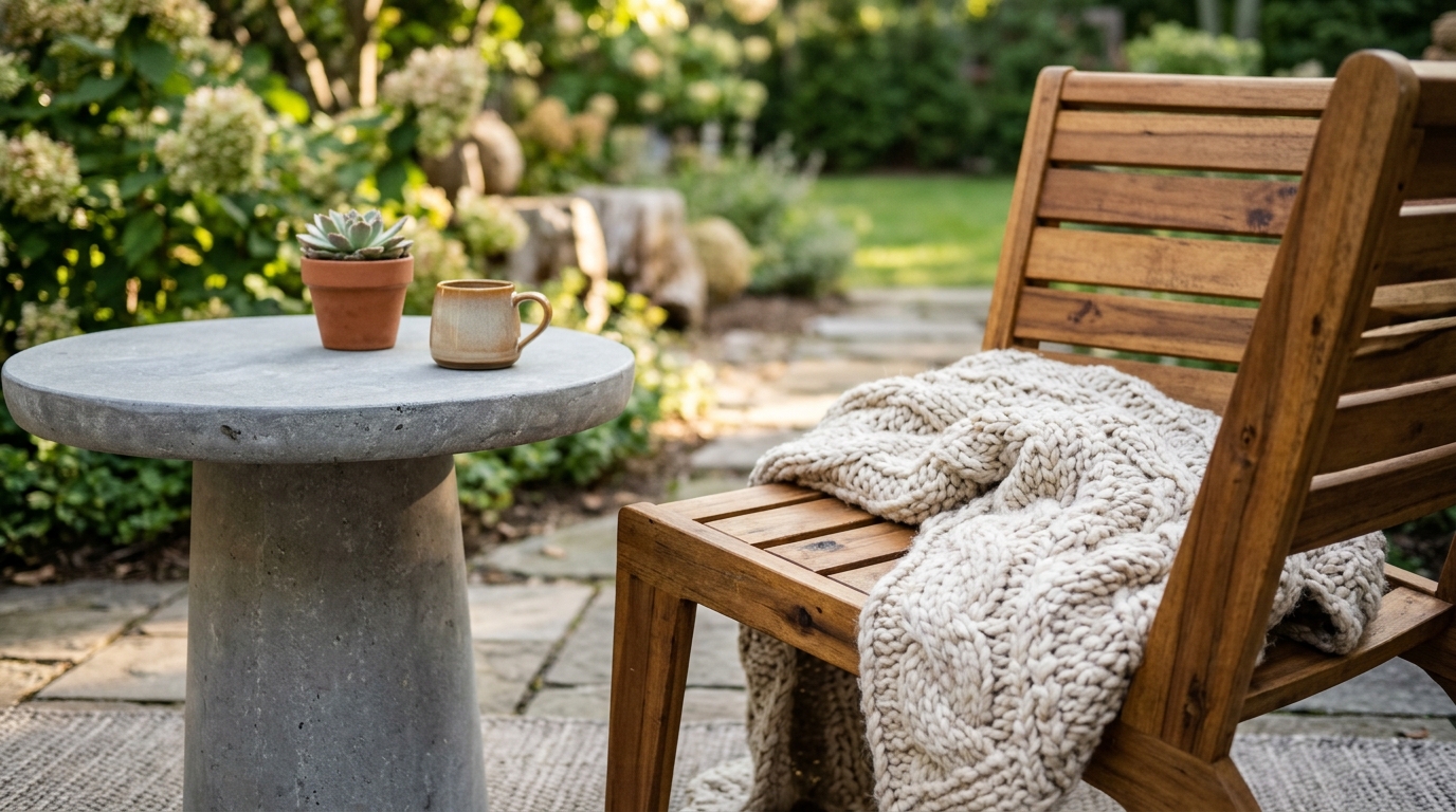 Tactile mix of a fluted stone side table paired with a powder-coated aluminum chair on a high-texture outdoor rug.