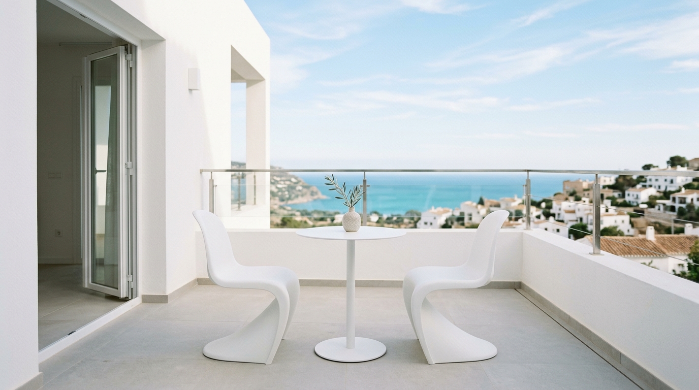 Minimalist bistro sets for apartments featuring a white circular table and two woven chairs, emphasizing circular geometry in a square space.