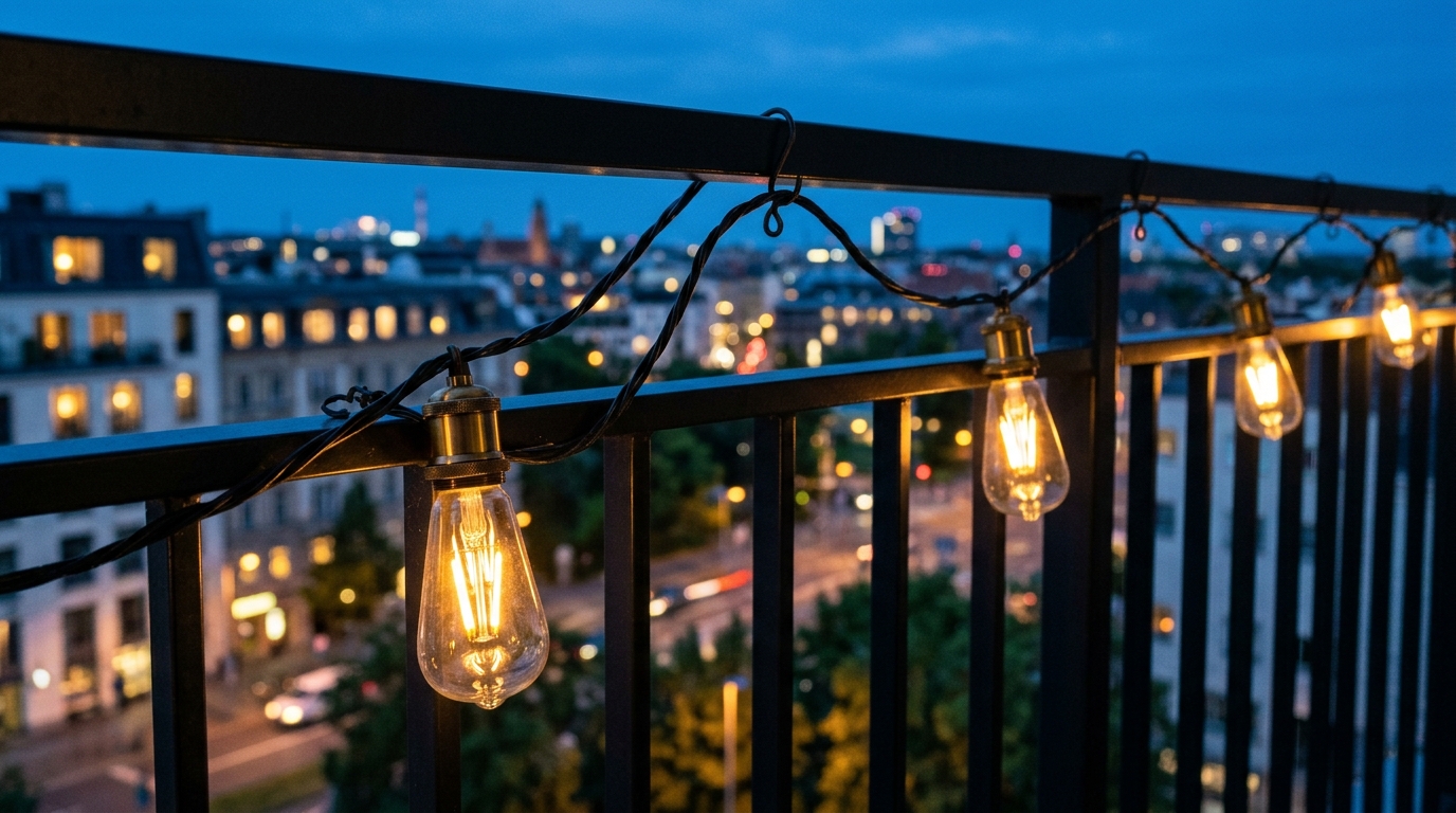 Low-angle shot of LED warm outdoor string lights draped precisely along a black metal railing at dusk.