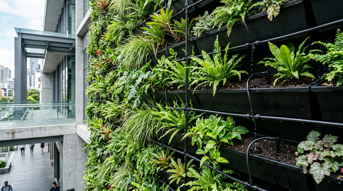 Soft-focus background of a city skyline framed by a vertical garden, focusing on the texture of rosemary leaves in a black planter.
