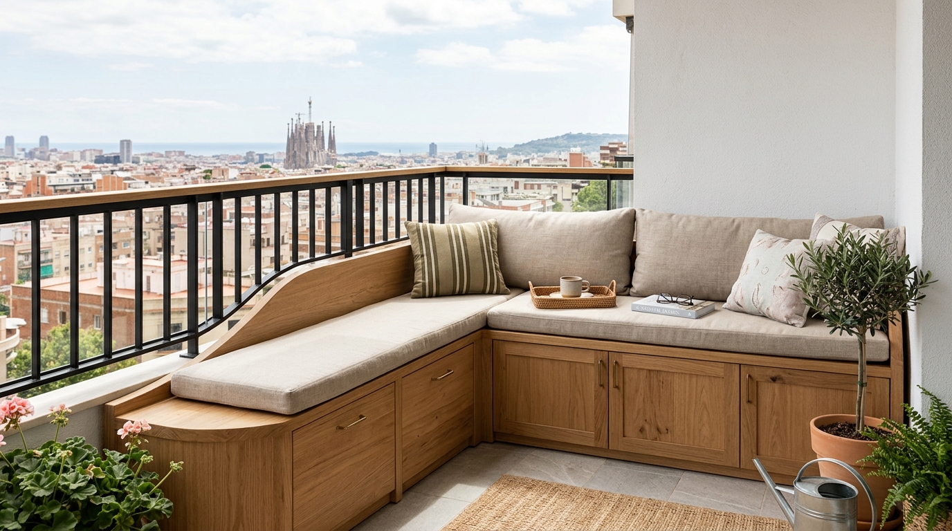 Small apartment balcony ideas for 2024: an integrated bench with built-in planters and neutral weather-resistant cushions.