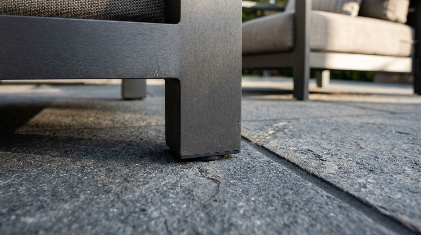 The intersection of concrete and wood: a close-up of an Amazon patio furniture leg resting on a grey balcony tile.