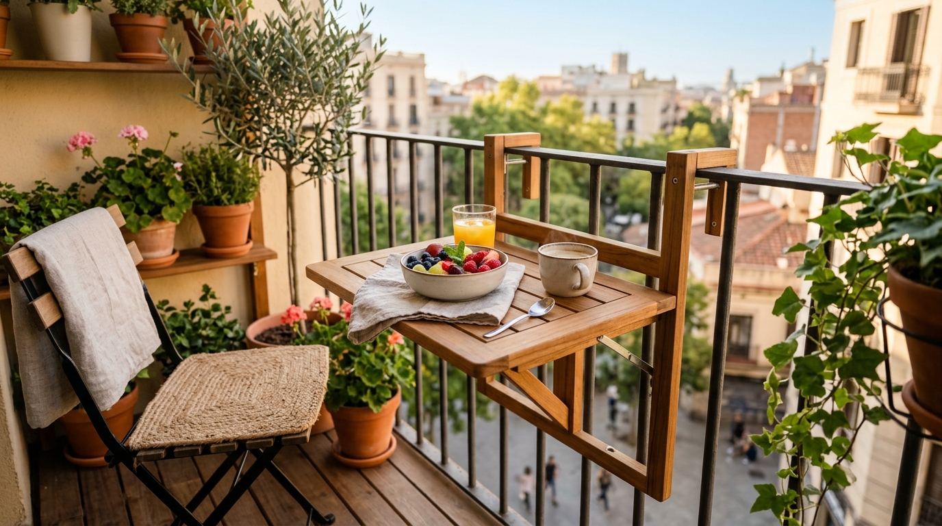 Sun-drenched morning on a balcony with a small folding table set for breakfast, showing 18-inch coffee reach ergonomics.