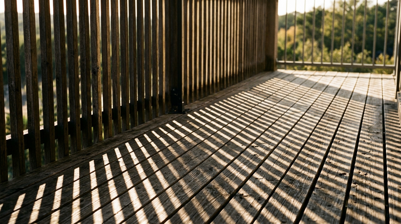 Vertical slats of a privacy screen creating a rhythmic shadow play across a balcony floor at 4 PM.