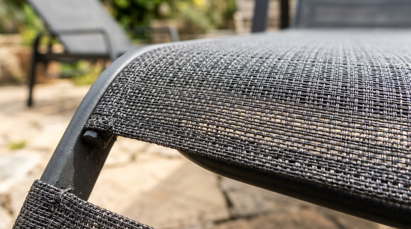 Macro shot of high-quality textilene fabric on a compact lounge chair, emphasizing breathability and ergonomic tension.