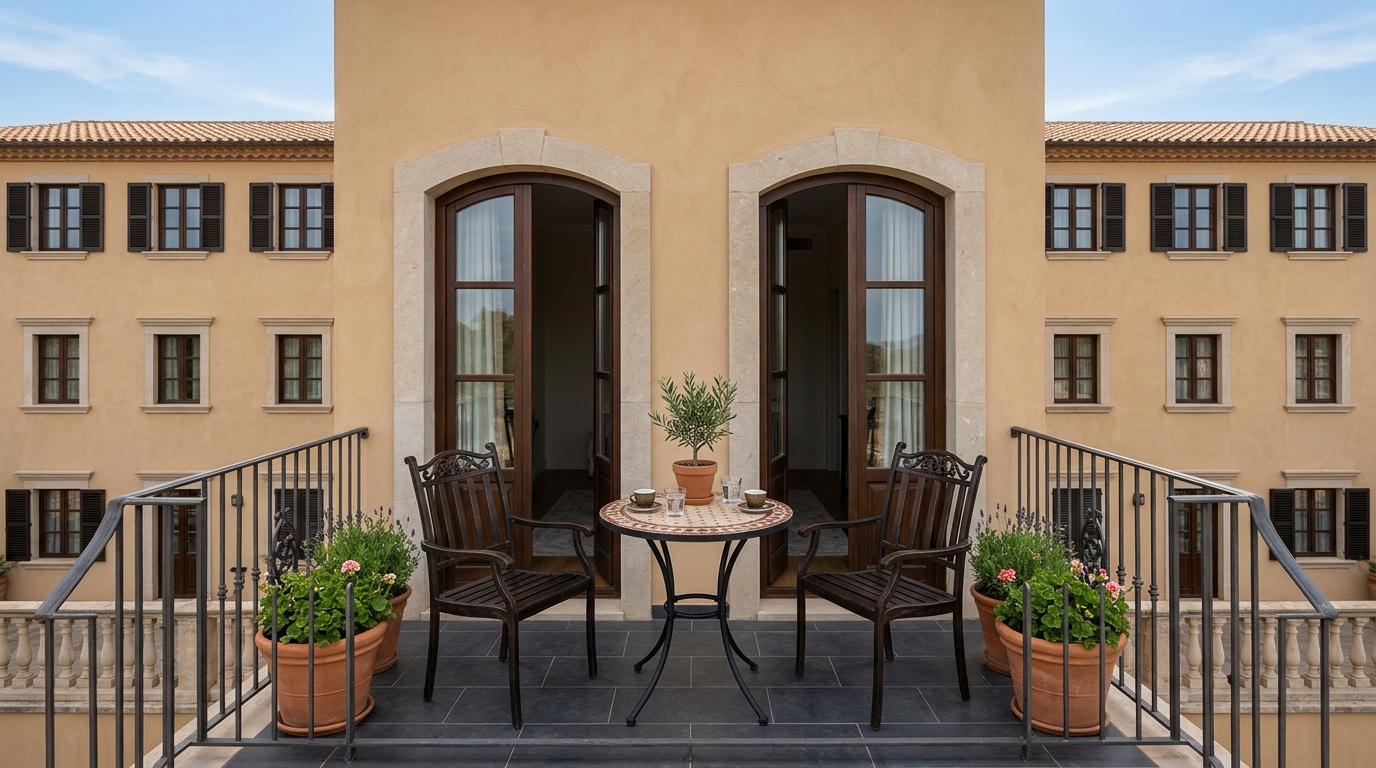 Symmetry in design: two identical minimalist chairs facing each other with a railing table as the central axis.