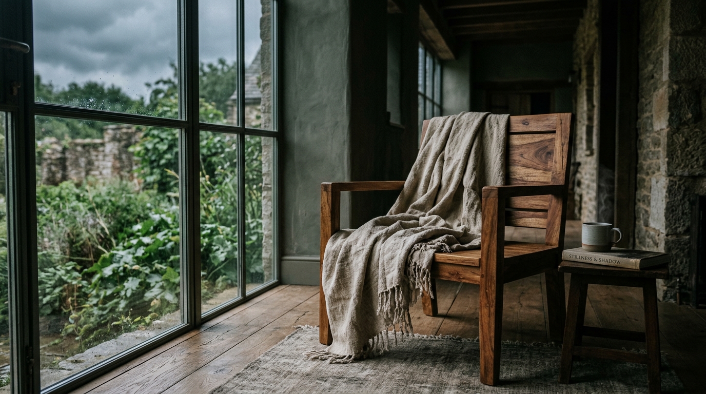 The 'lived-in' architectural look: a linen throw draped over a weather-resistant acacia wood chair on a cloudy afternoon.