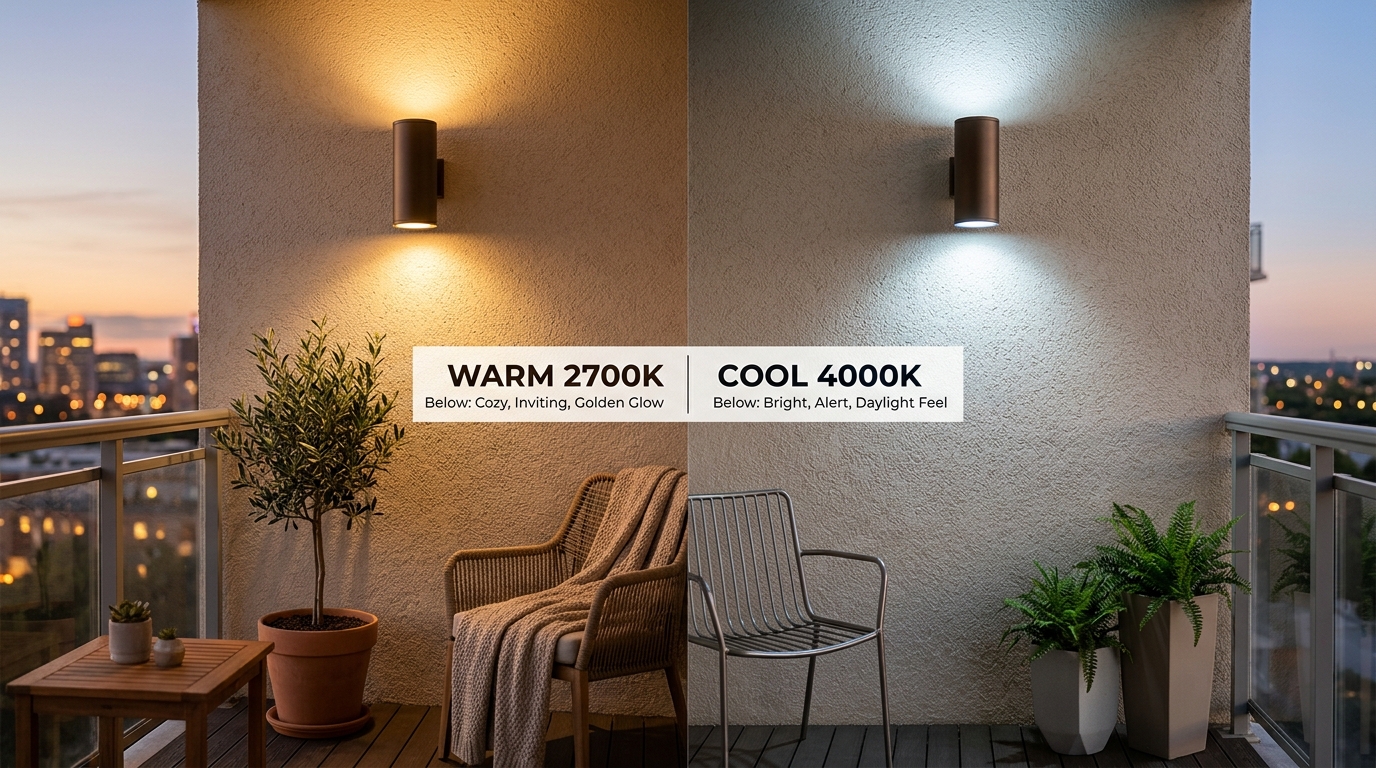 Comparison of light temperatures: a side-by-side visual of 2700K vs 3000K lighting effects on a brick balcony wall.