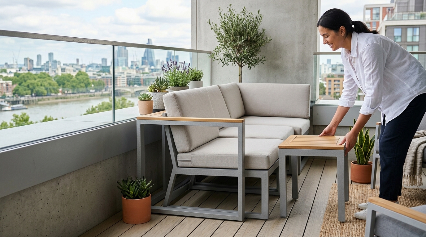 Modular furniture arrangement on a micro-balcony, showing how pieces can be stacked or nested to clear the floor plan.
