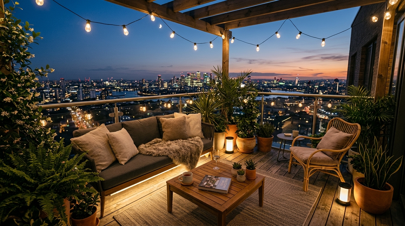 Final evocative reflection: a wide-angle 35mm shot of a completed private oasis balcony overlooking a quiet city street.