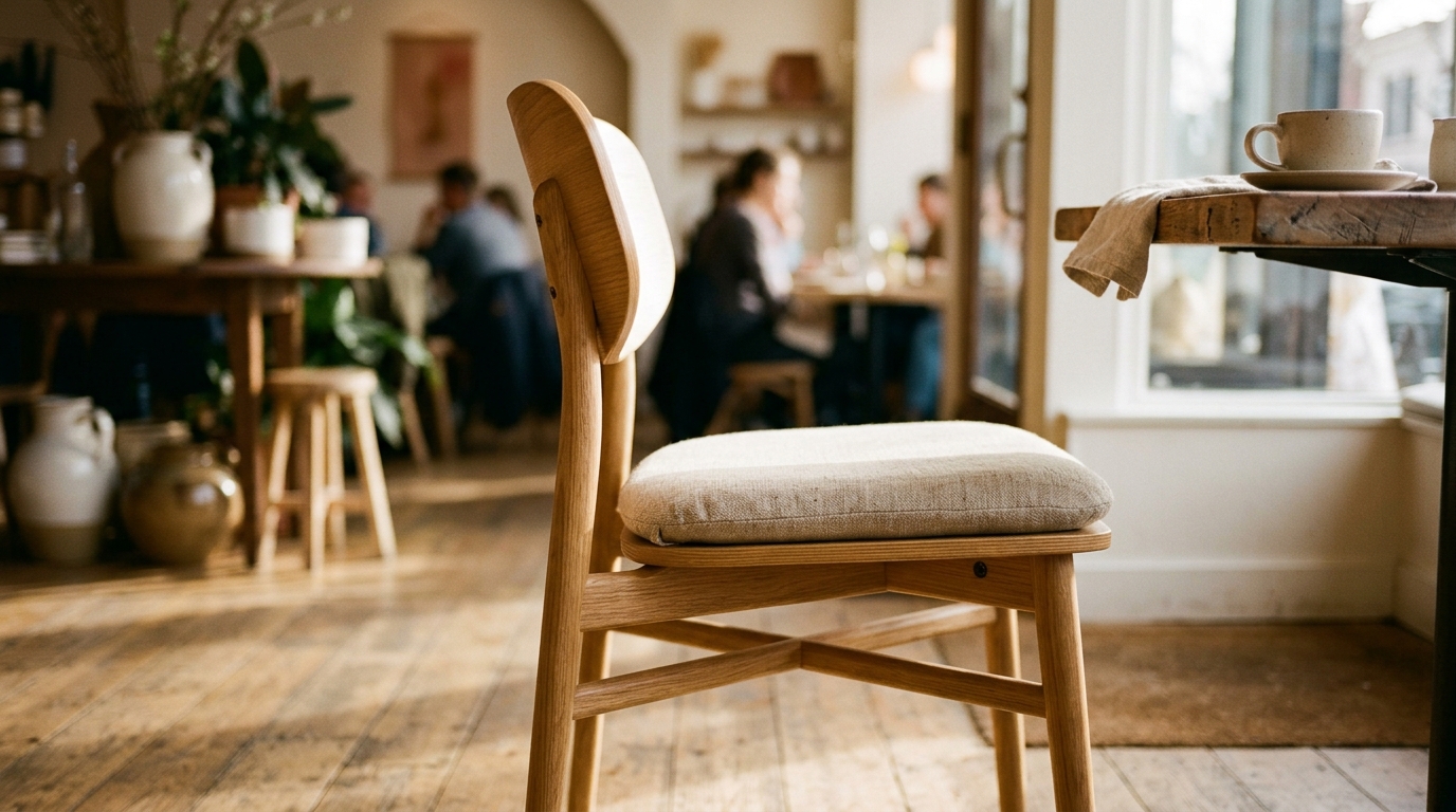 Ergonomic snapshot of a compact bistro chair with lumbar-support slats and a neutral linen cushion, positioned for optimal sunset viewing.