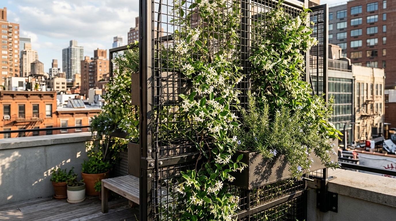 Modern vertical herb garden on a modular charcoal privacy screen, obscuring a city view while allowing diffused light to pass through.