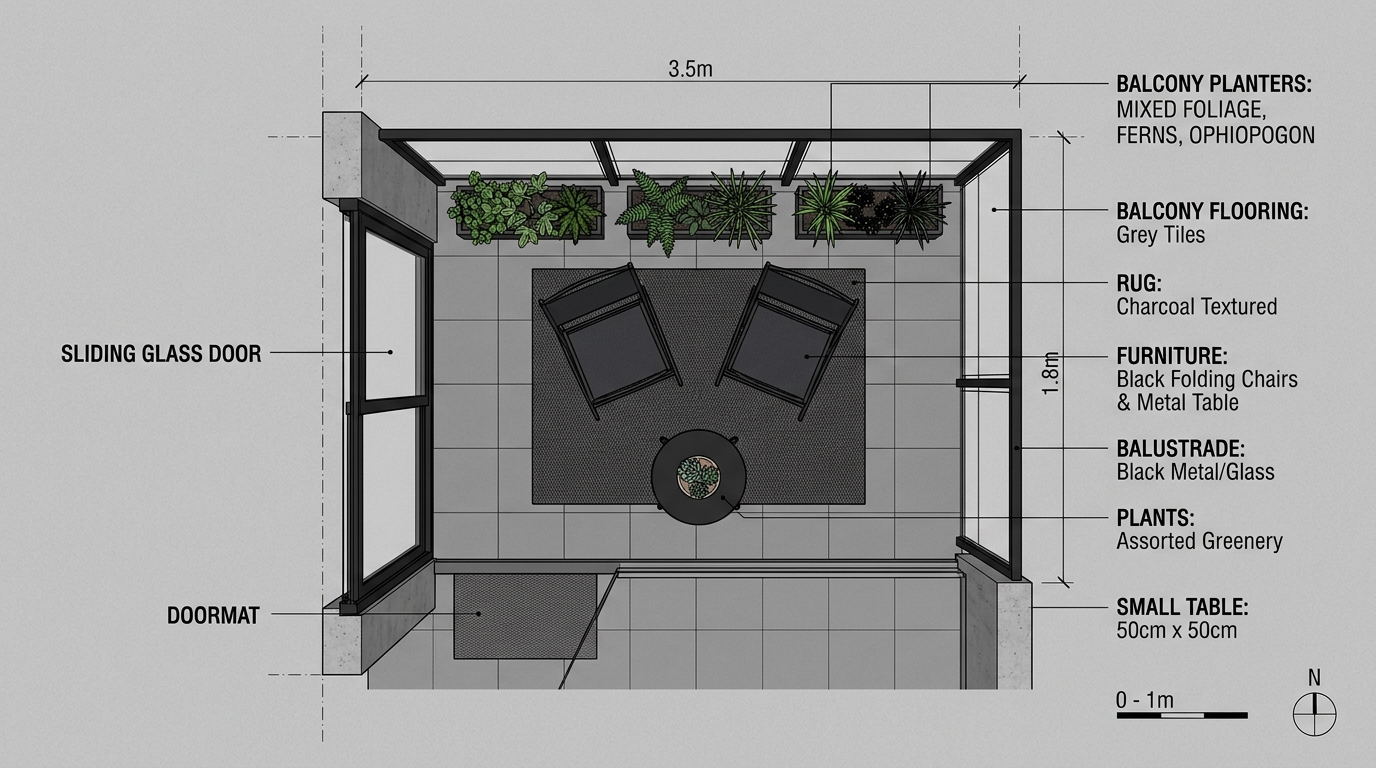 Top-down architectural view of a 4x8 balcony featuring a charcoal polypropylene rug and two slim-profile lounge chairs.