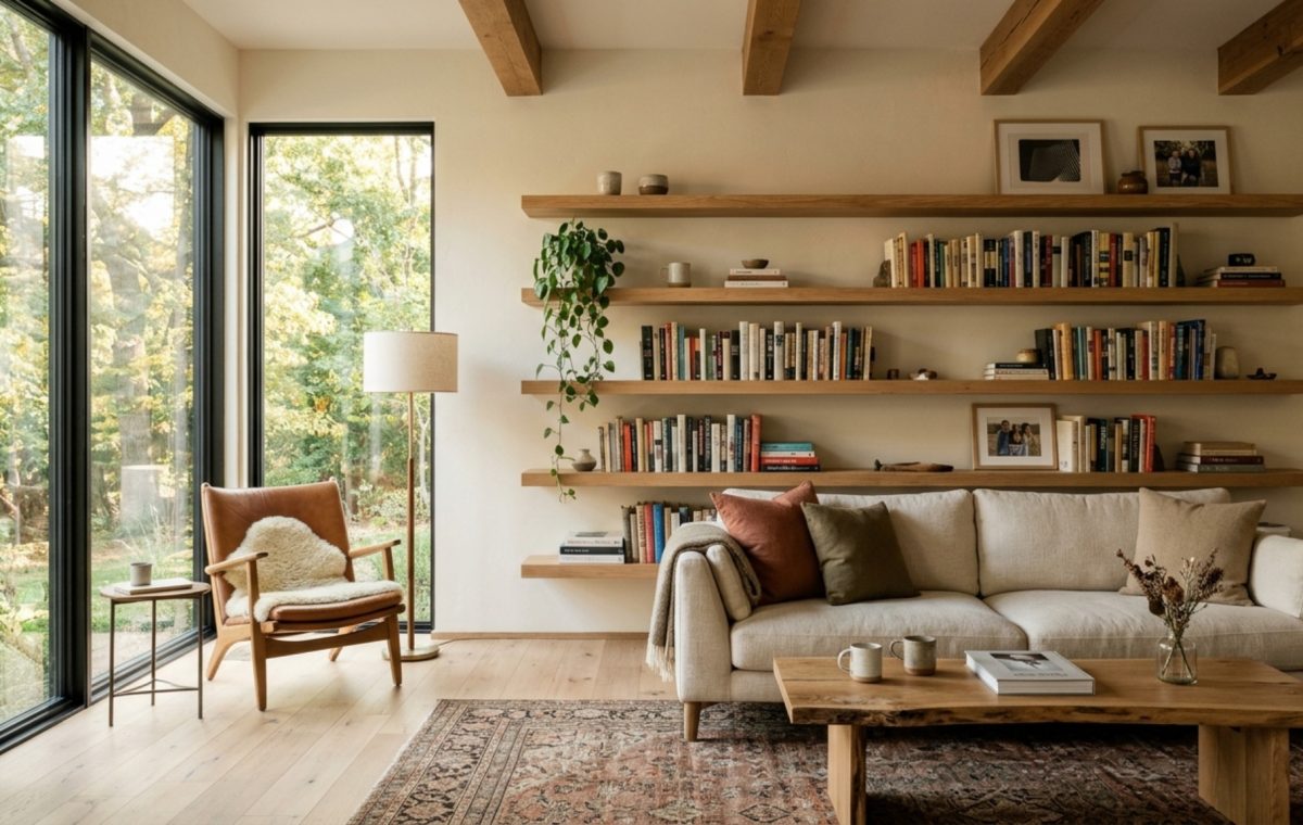 A minimalist living room featuring a long, 3-inch thick white oak floating shelf against a warm Swiss Coffee limewash wall, styled with a mix of vintage hardbacks and ceramic vases.