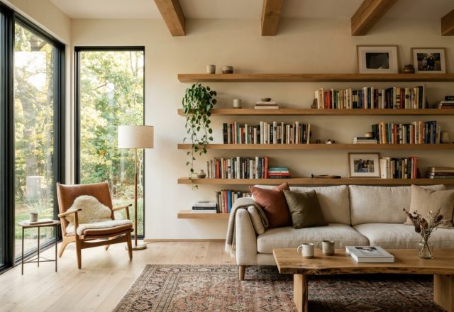 A minimalist living room featuring a long, 3-inch thick white oak floating shelf against a warm Swiss Coffee limewash wall, styled with a mix of vintage hardbacks and ceramic vases.