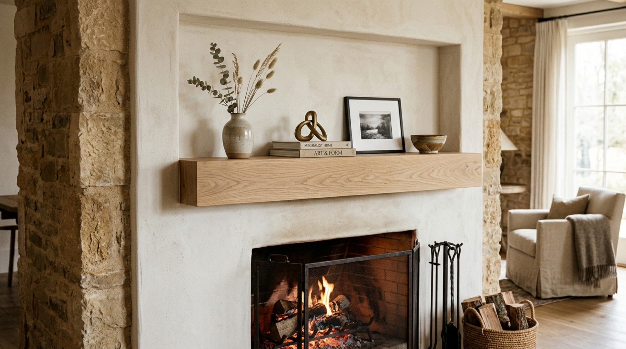 A living room corner with asymmetrical floating shelves decor, balanced by a low-profile lounge chair and a 3000K task floor lamp.