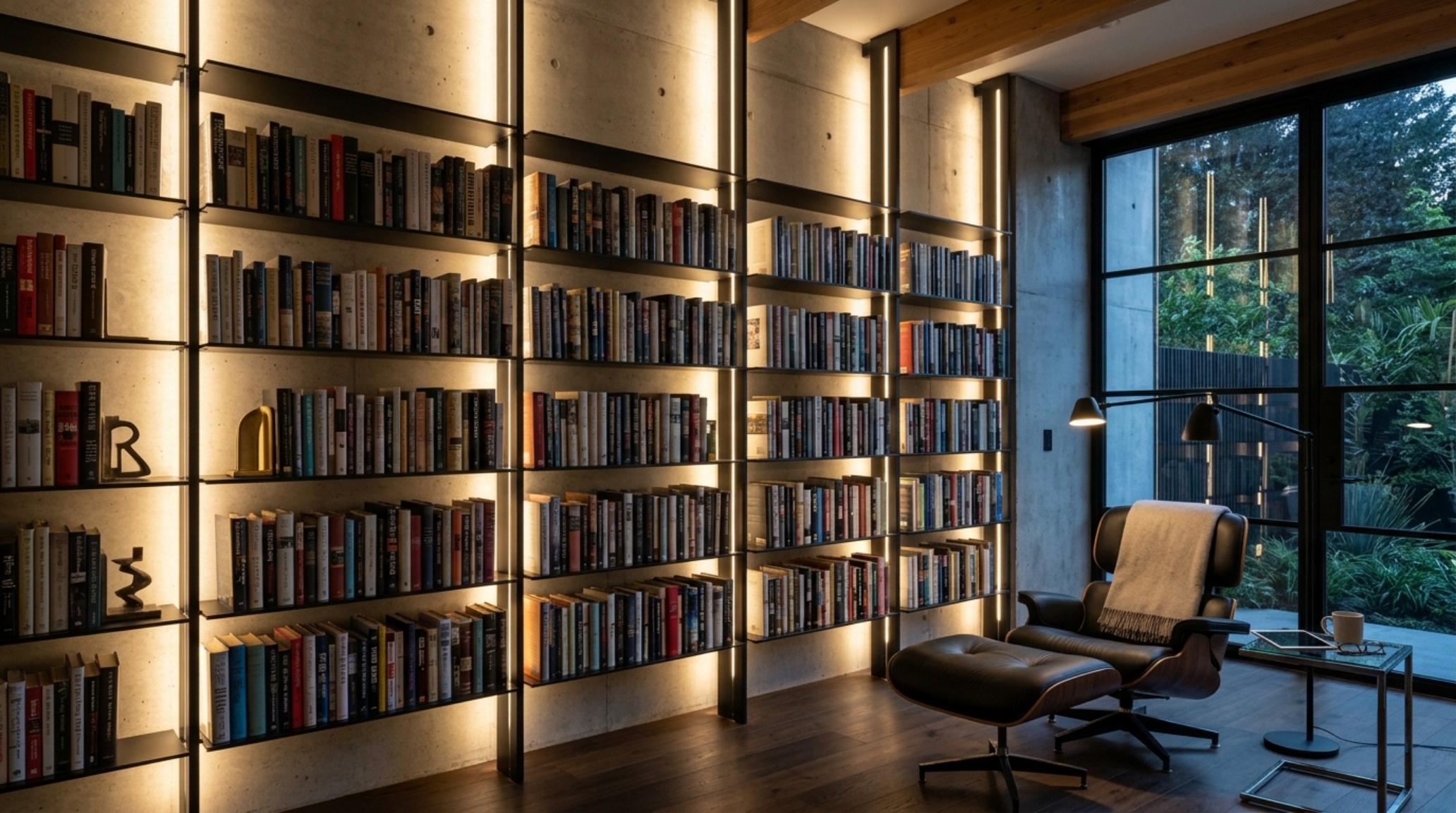 Interior design trends for 2026: A 'Living Shelf' system used to display a functional home office library, emphasizing ergonomic reach and sightline alignment.