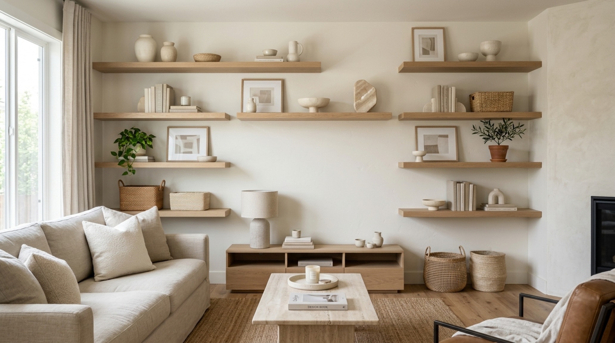 Wide-angle shot of a custom wood wall shelves living room installation, demonstrating the cohesive use of Farrow & Ball Setting Plaster and natural oak.