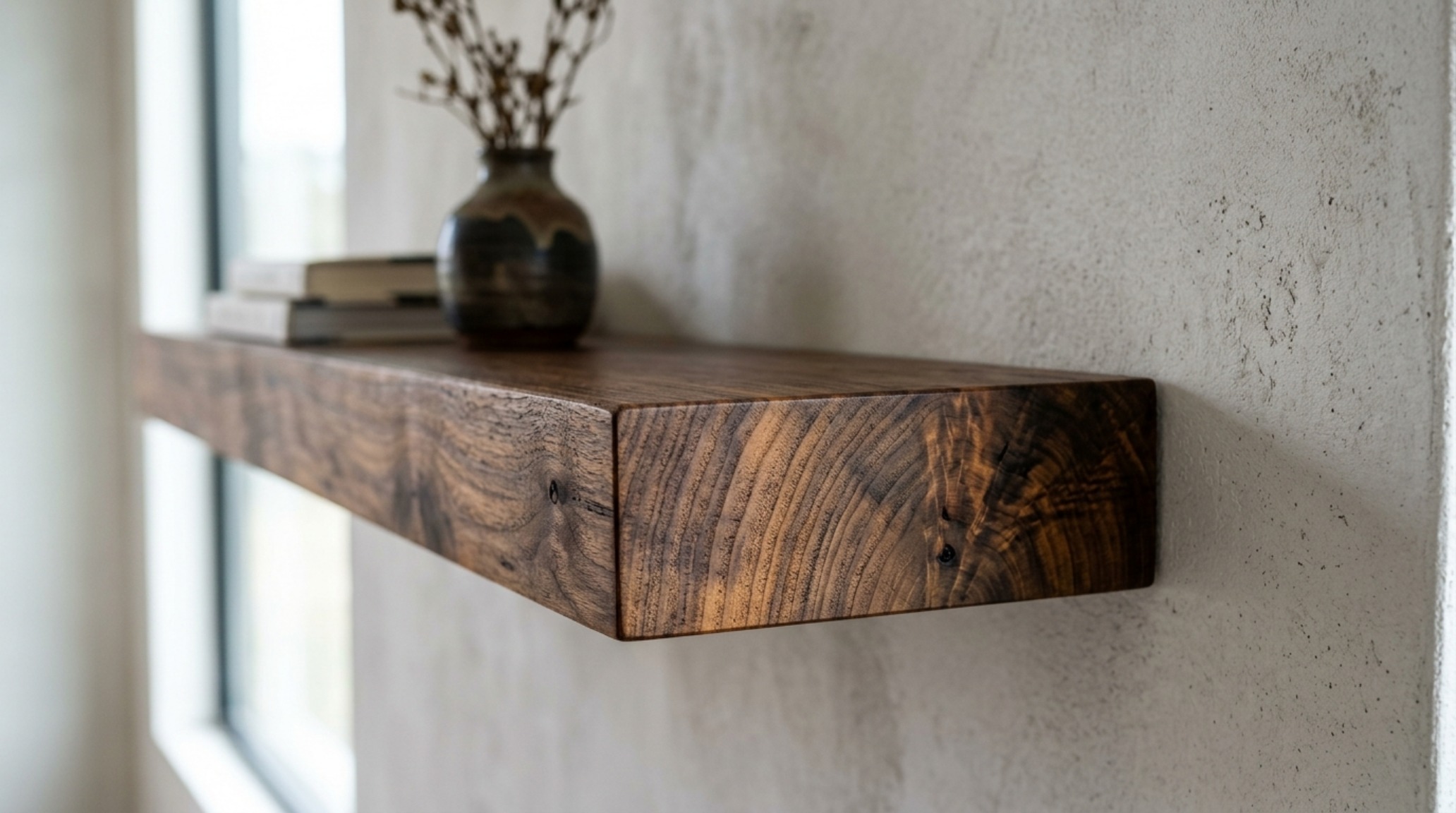 Macro detail of a hidden bracket installation for a heavy-load wood shelf, showing the seamless connection between the rift-sawn oak and the textured plaster wall.