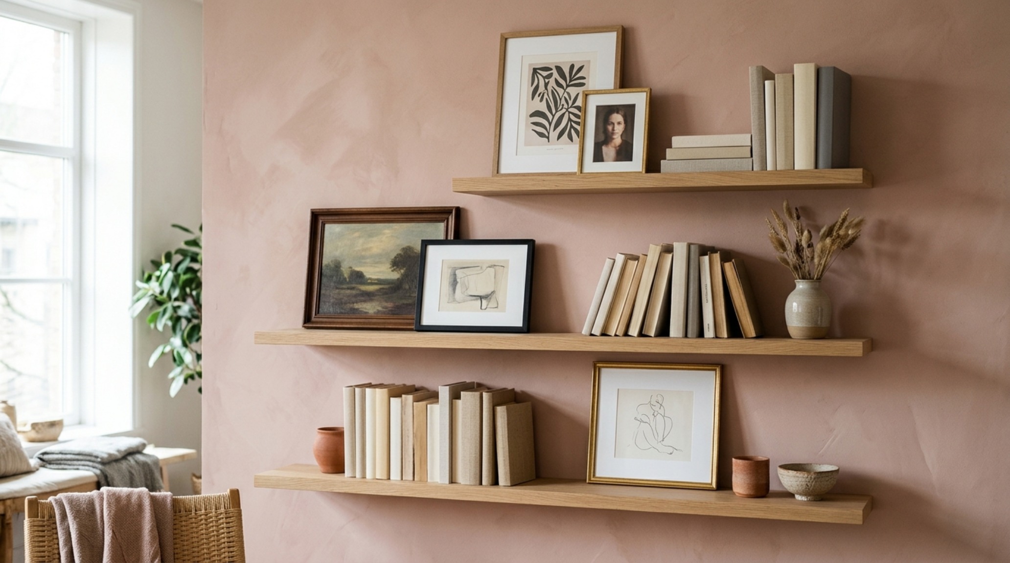 A sophisticated 'layered lean' arrangement on asymmetrical living room floating shelves, featuring a framed abstract painting overlapping a stack of neutral-toned books.
