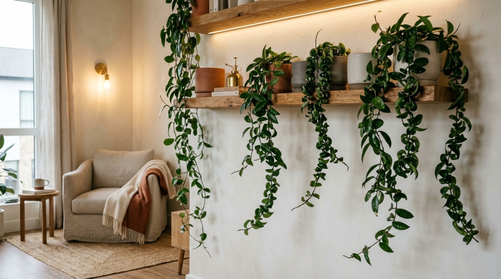 Lush Hoya carnosa vines cascading over the edge of a minimalist wall storage solution, showcasing the integration of biophilic elements in a modern library layout.