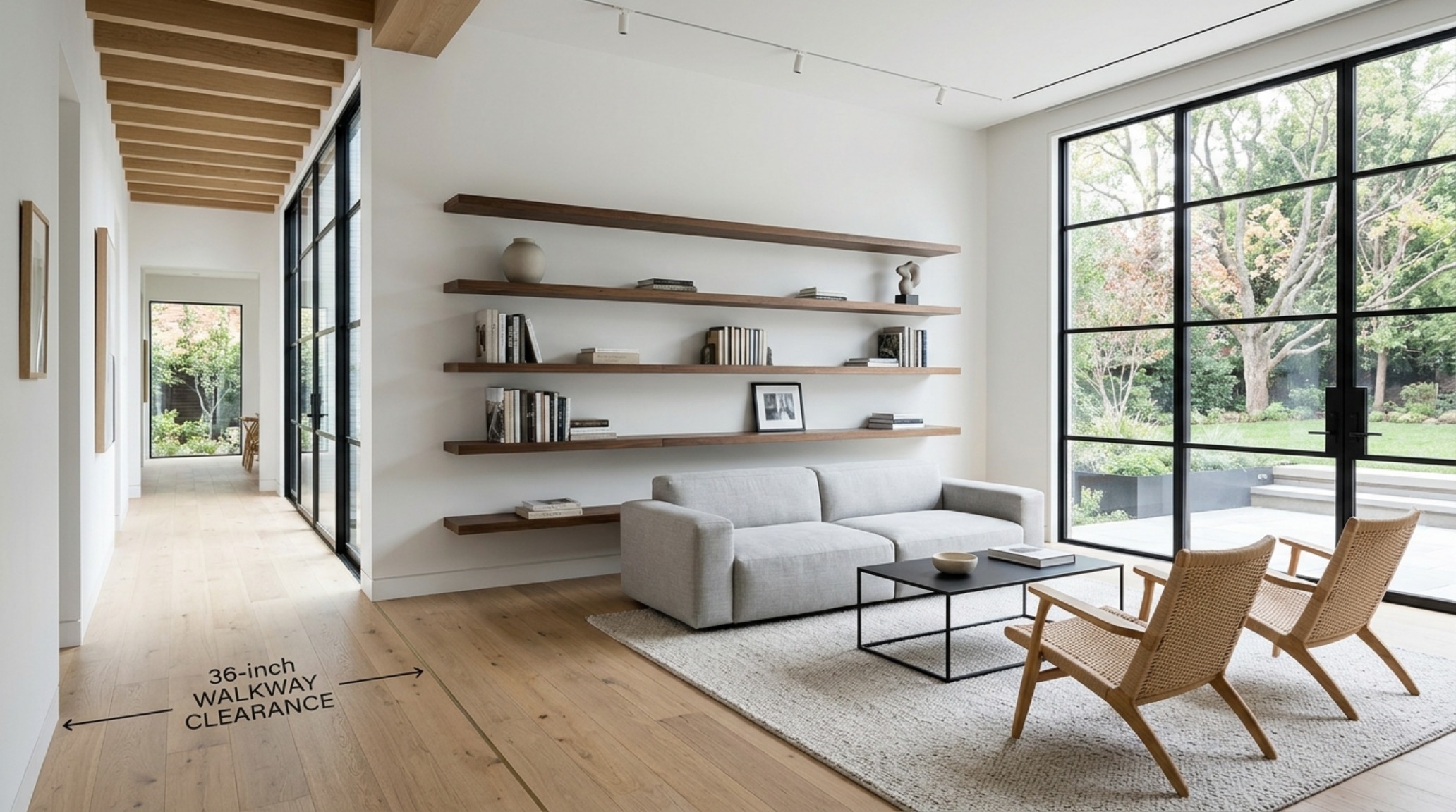 Architectural view of a living room with 36-inch walkway clearances, highlighting how floating shelves expand the spatial flow and perceived volume of the room.