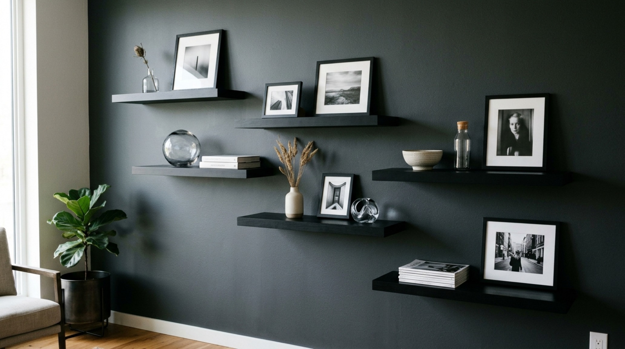 Minimalist library layout ideas featuring floor-to-ceiling floating shelves in a staggered pattern, providing ample storage without the bulk of traditional cabinetry.