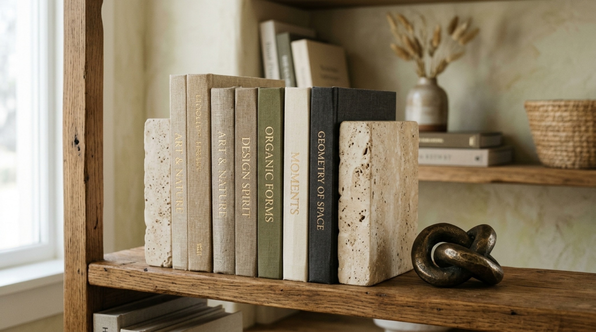 Close-up of organic modern bookshelf styling with a focus on tactile materiality, featuring honed travertine bookends and raw wood textures.