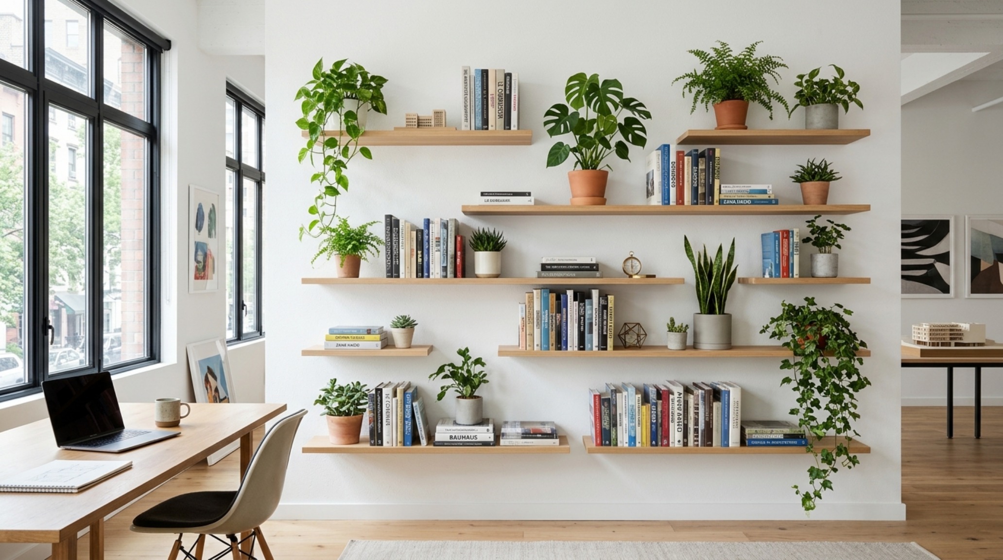Modern wall shelves styling in a sun-drenched alcove, showing the interplay of directional natural sunlight and deep shadows on the wood grain.