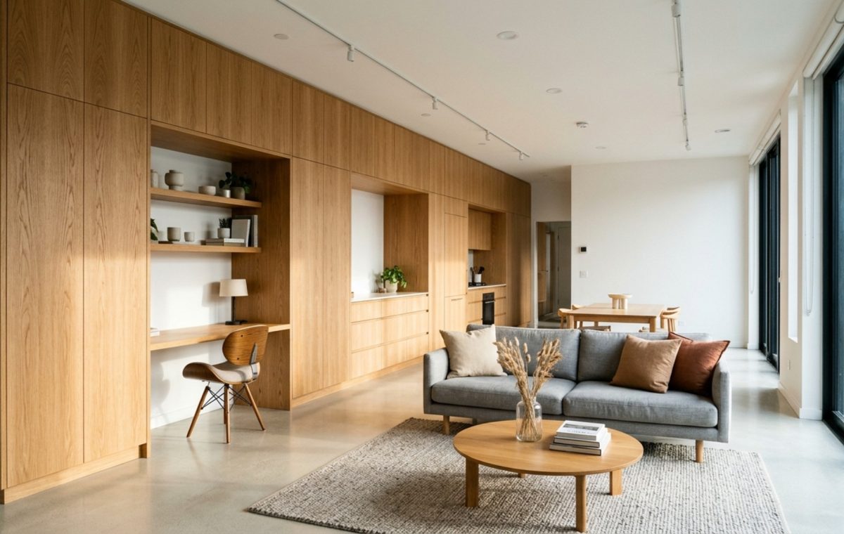 cost-effective modern home renovations featuring integrated floor-to-ceiling white oak cabinetry and seamless architectural storage in a dumbbell layout apartment.
