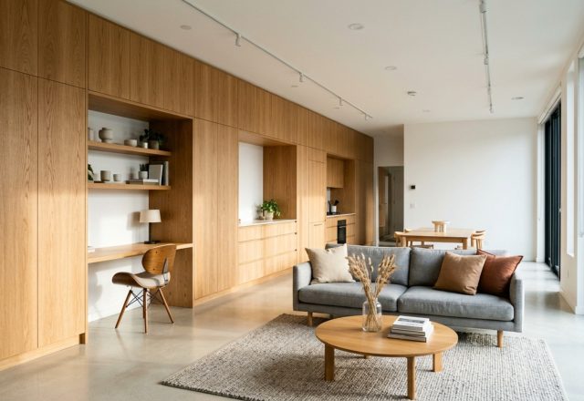 cost-effective modern home renovations featuring integrated floor-to-ceiling white oak cabinetry and seamless architectural storage in a dumbbell layout apartment.