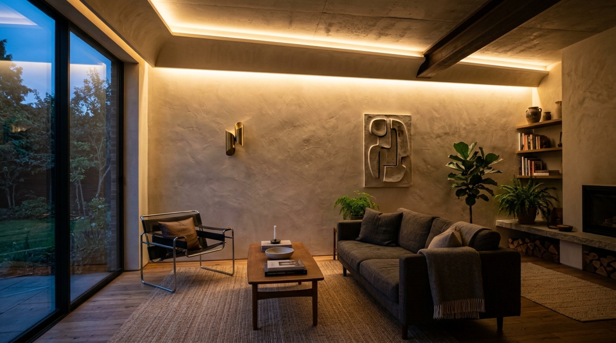 DIY architectural lighting using concealed warm 2700K LED strips along a floating ceiling soffit to illuminate a textured plaster wall.