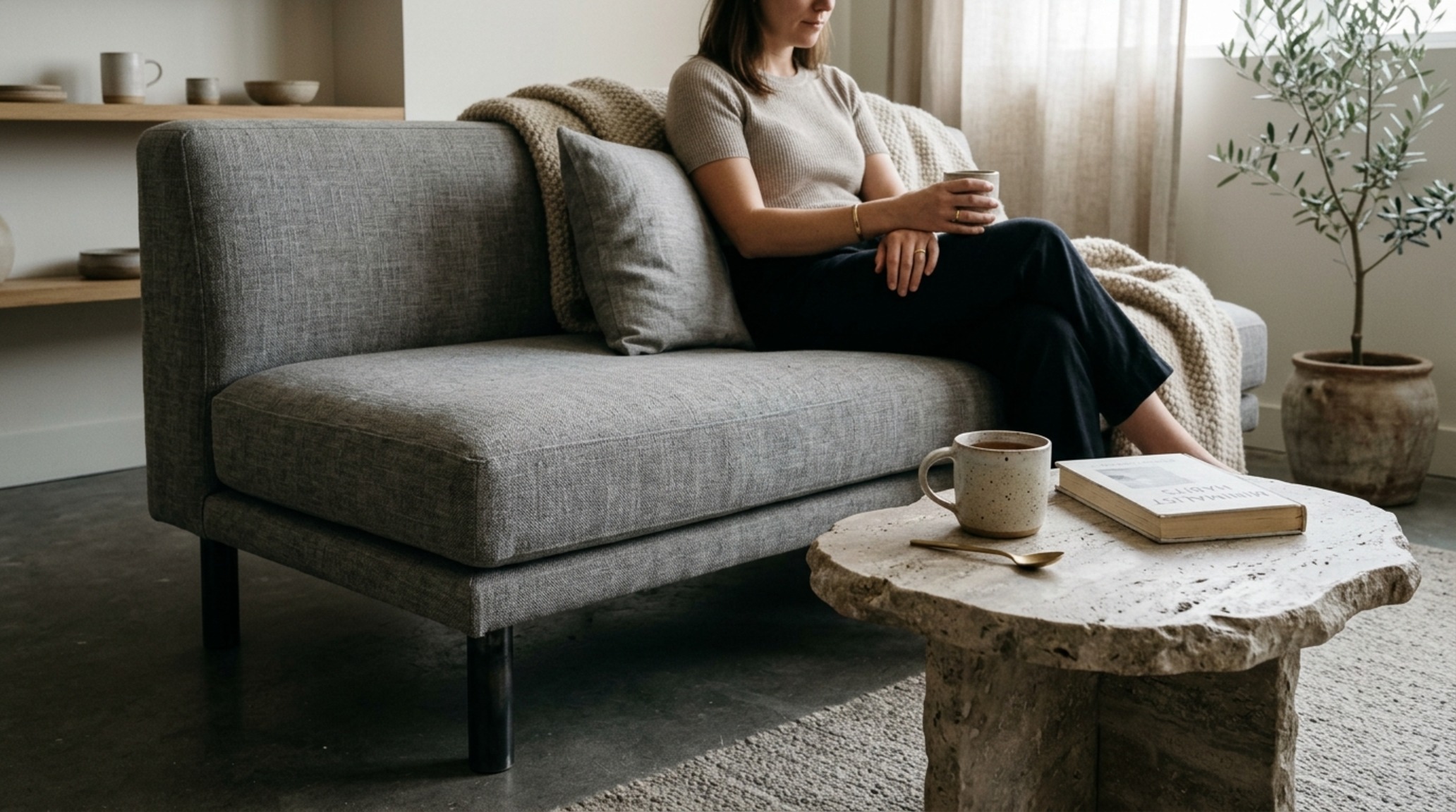 affordable modern furniture hacks showcasing a modular sofa with custom blackened steel legs and a travertine remnant coffee table in a minimalist living room.