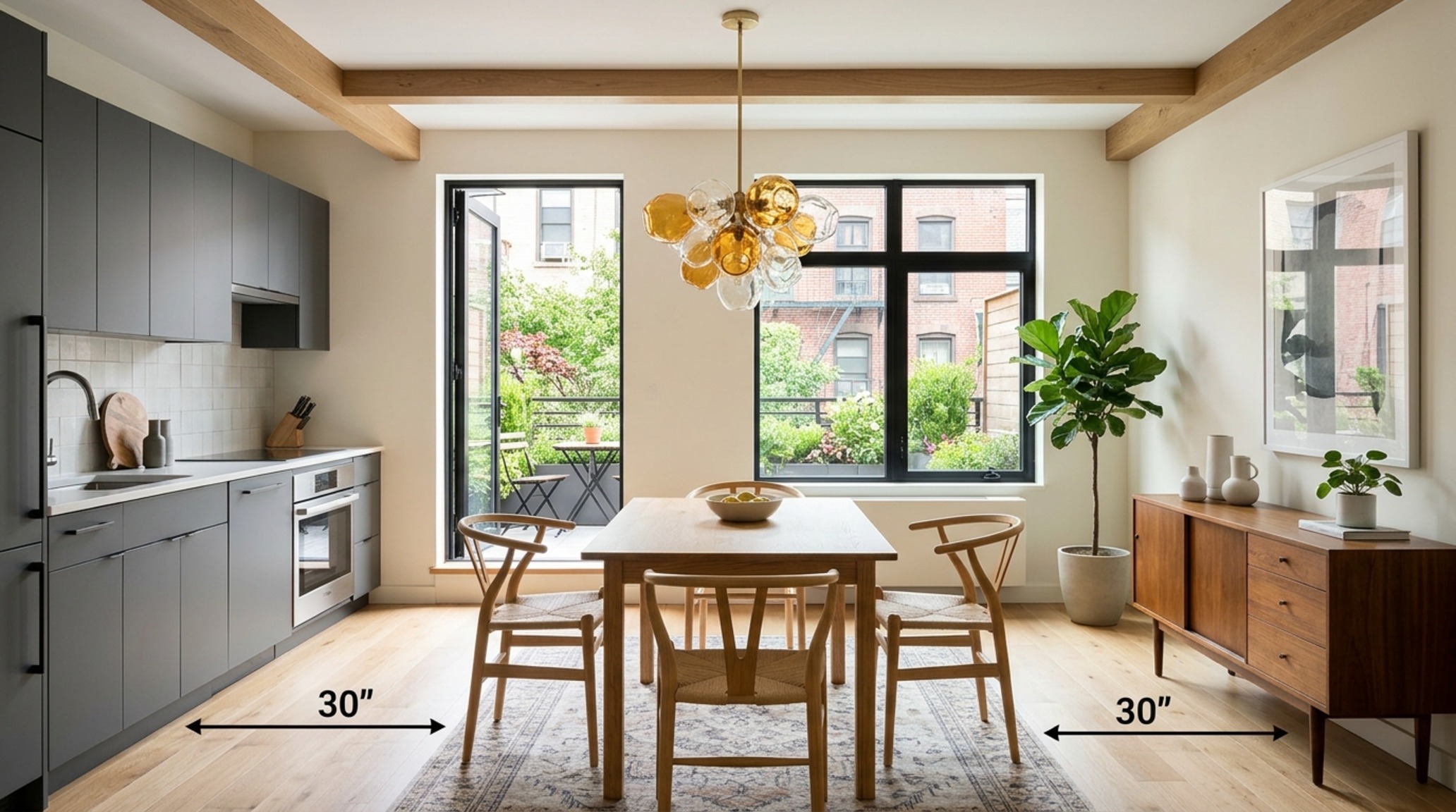high-low interior design strategies highlighting a splurge-worthy designer pendant light over a budget-friendly oak dining table with 30-inch clearance.