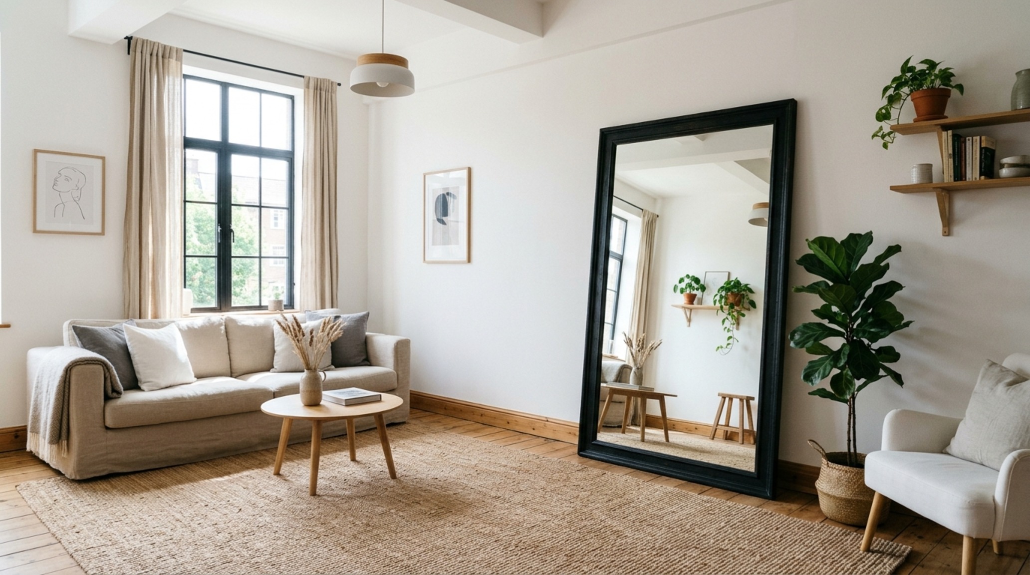 minimalist decor for renters featuring a large-scale leaning floor mirror and oversized jute rug to define zones in an open-concept studio apartment.