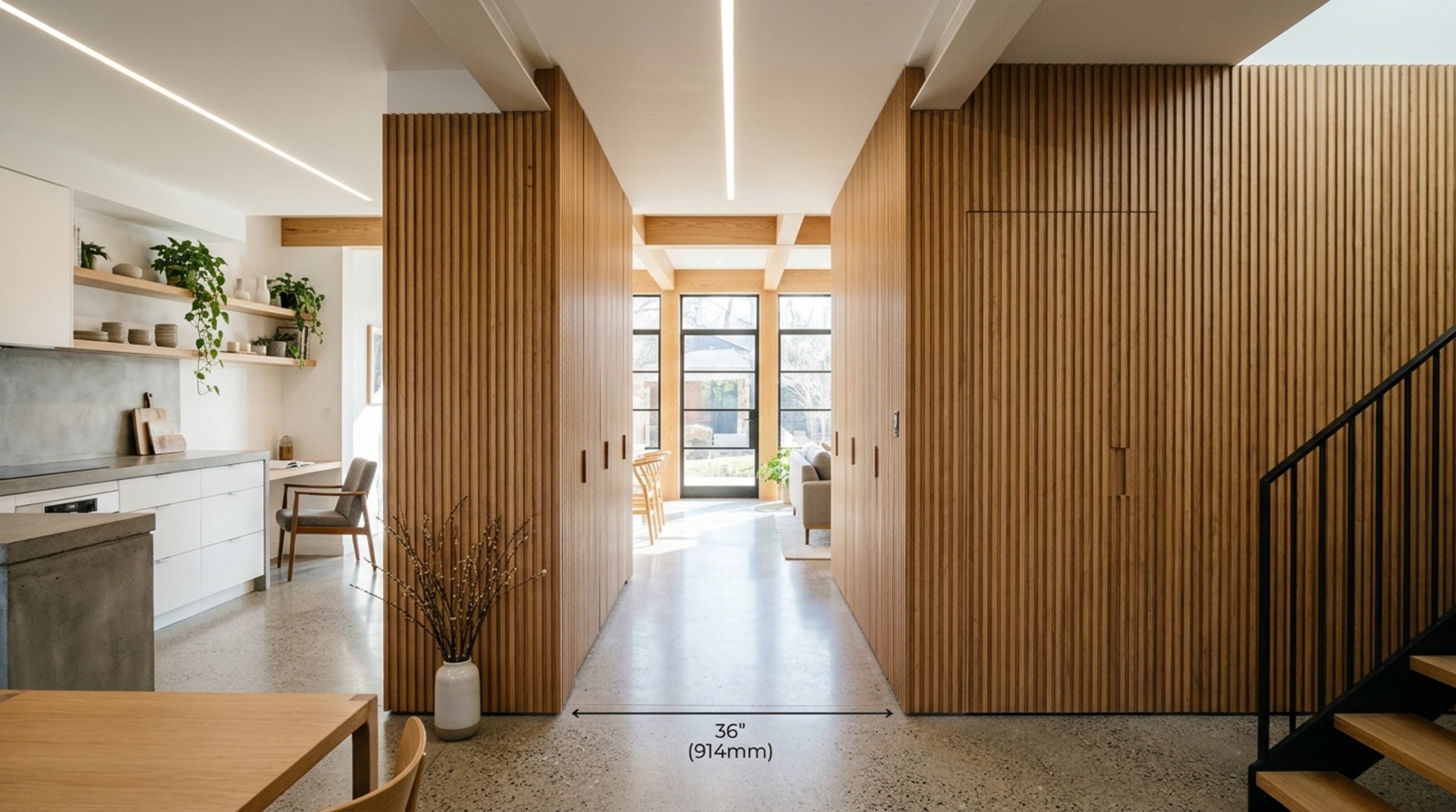 cost-effective modern home renovations using fluted wood panels and hidden doors to create a streamlined hall-free circulation path.