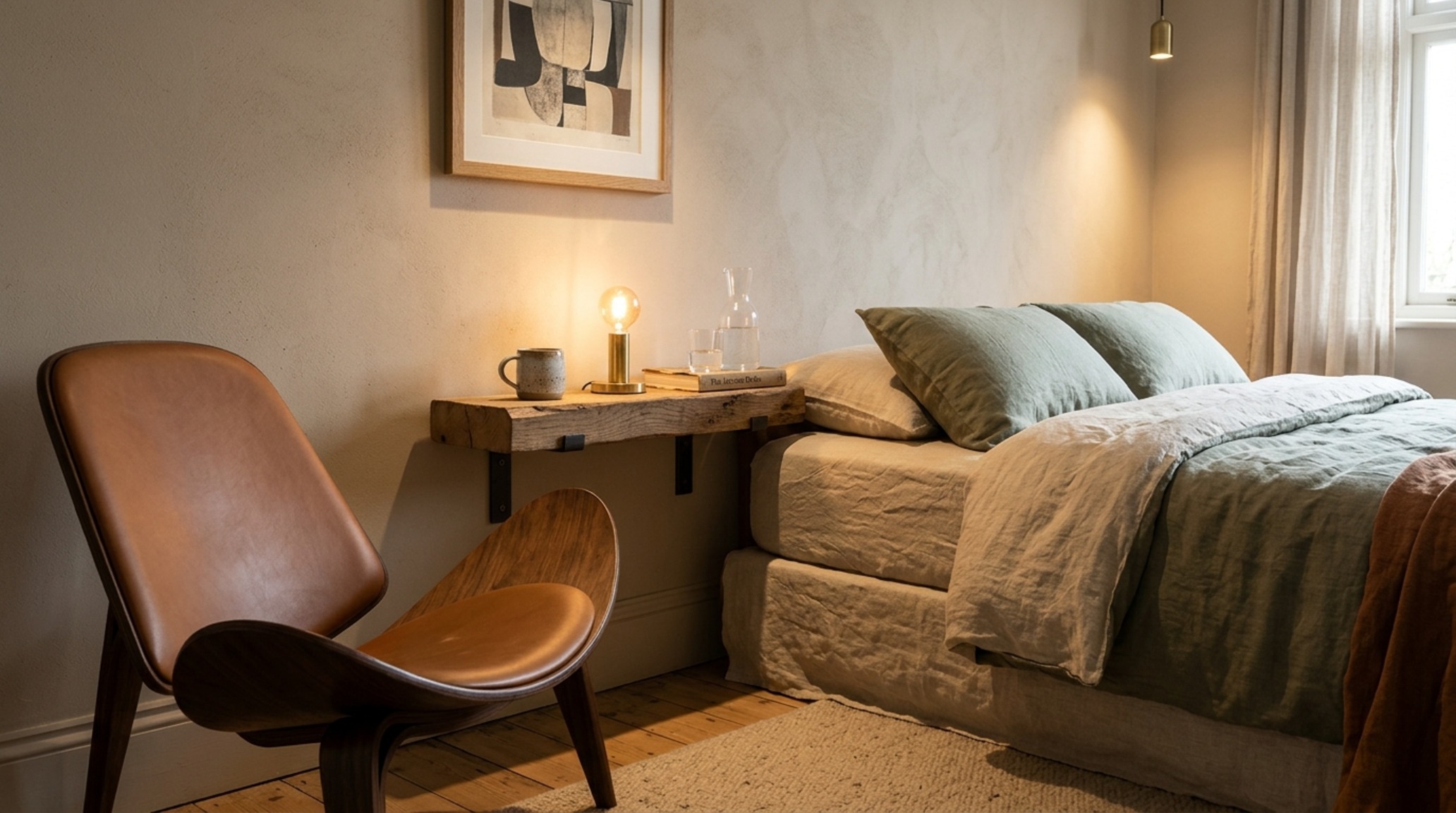 high-low interior design strategies mixing vintage finds with modern architectural lighting and high-CRI recessed spots in a neutral bedroom.