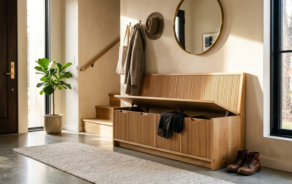 A bespoke white oak entryway bench with storage featuring a hidden flip-top compartment and fluted wood detailing in a sun-drenched foyer.