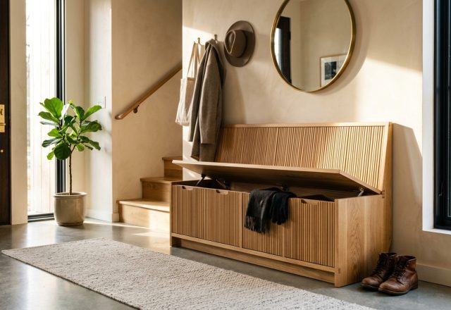 A bespoke white oak entryway bench with storage featuring a hidden flip-top compartment and fluted wood detailing in a sun-drenched foyer.