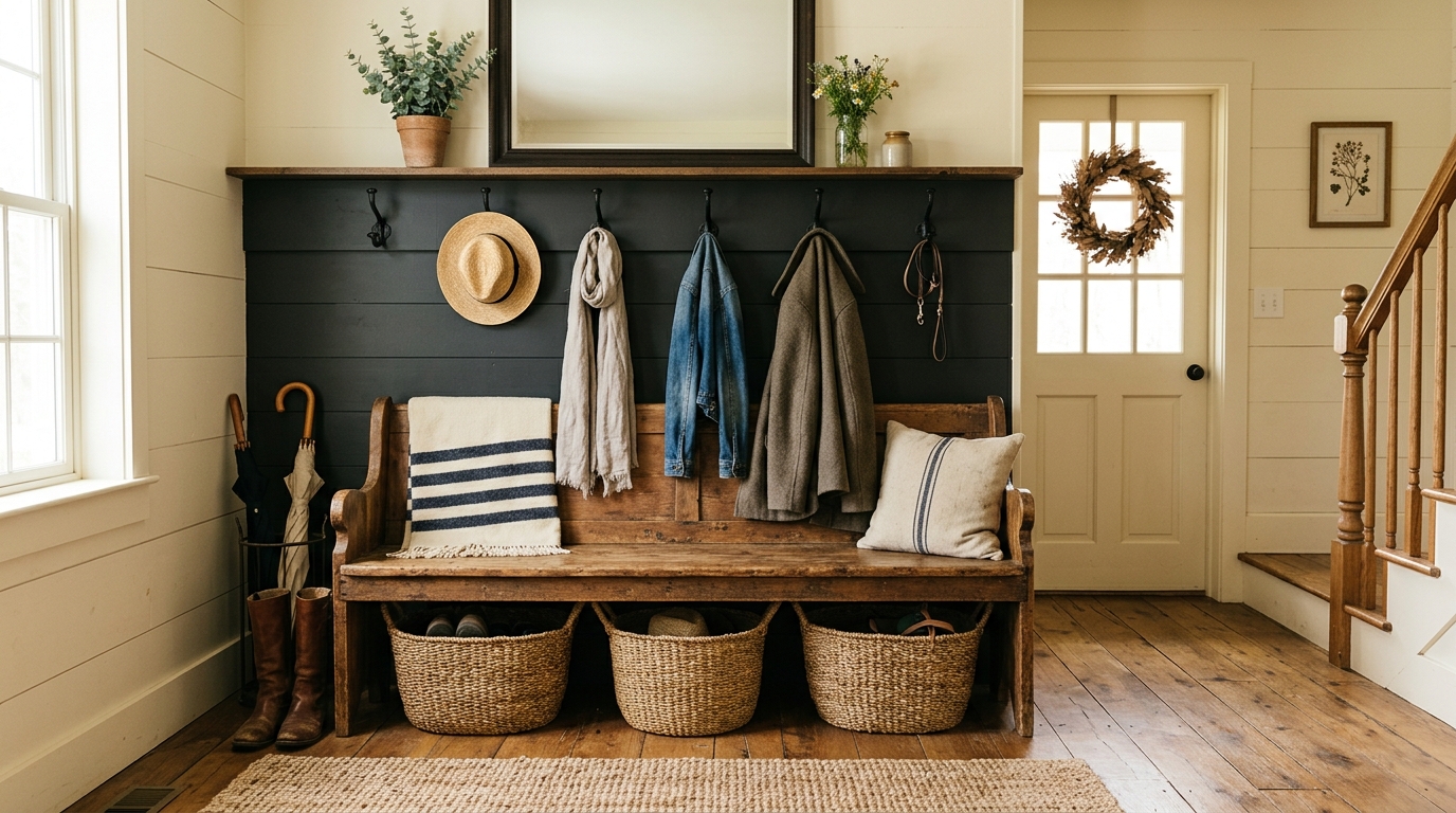 Rustic bench with baskets made of hand-woven seagrass tucked into a farmhouse-style entryway under a row of black iron hooks.
