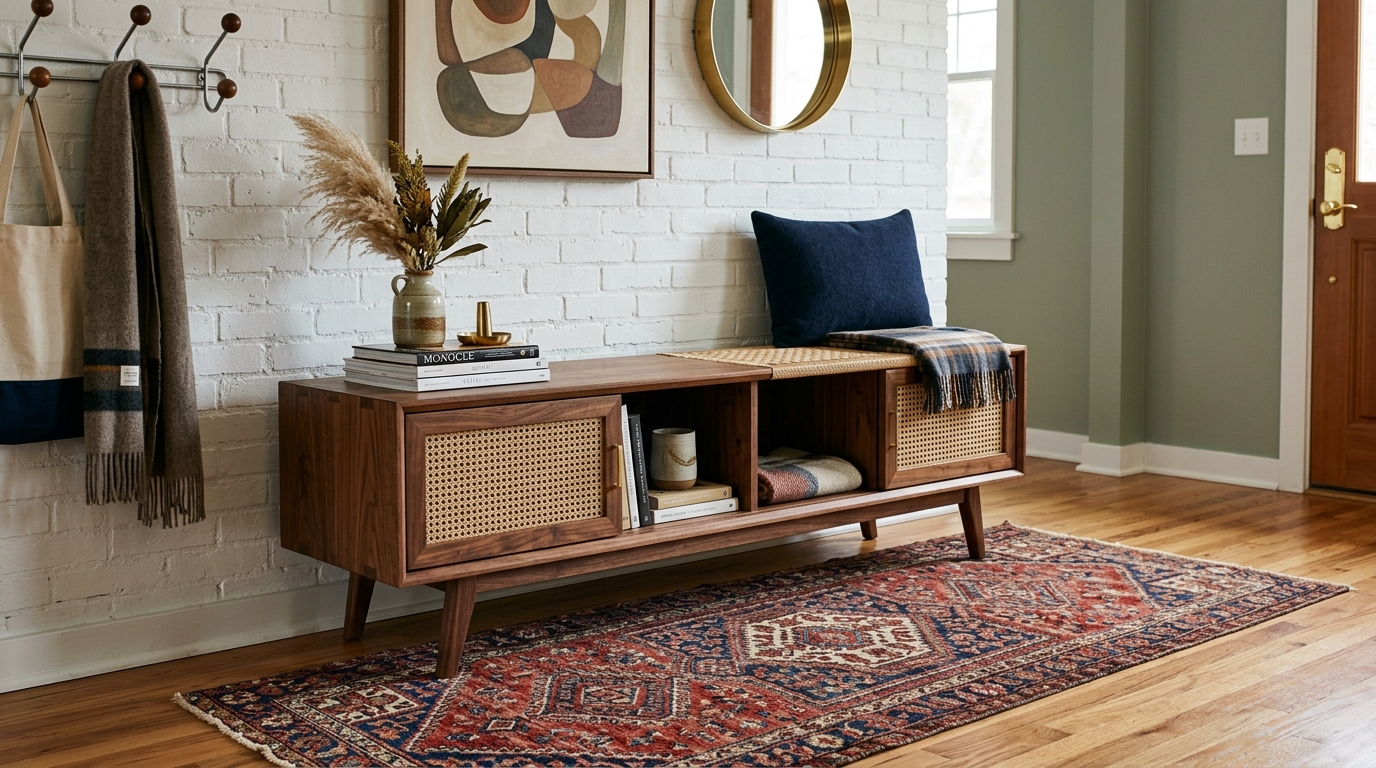 Mid-century modern entryway bench with storage featuring tapered legs and a sliding walnut door for hidden shoe racks.