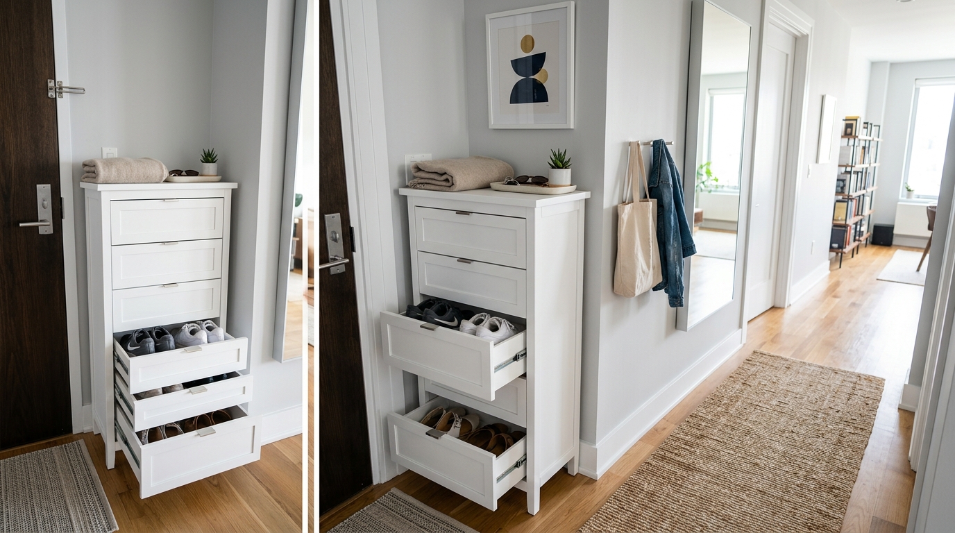 Narrow entryway shoe storage bench with a vertical pull-out drawer system for maximum efficiency in tight corridors.