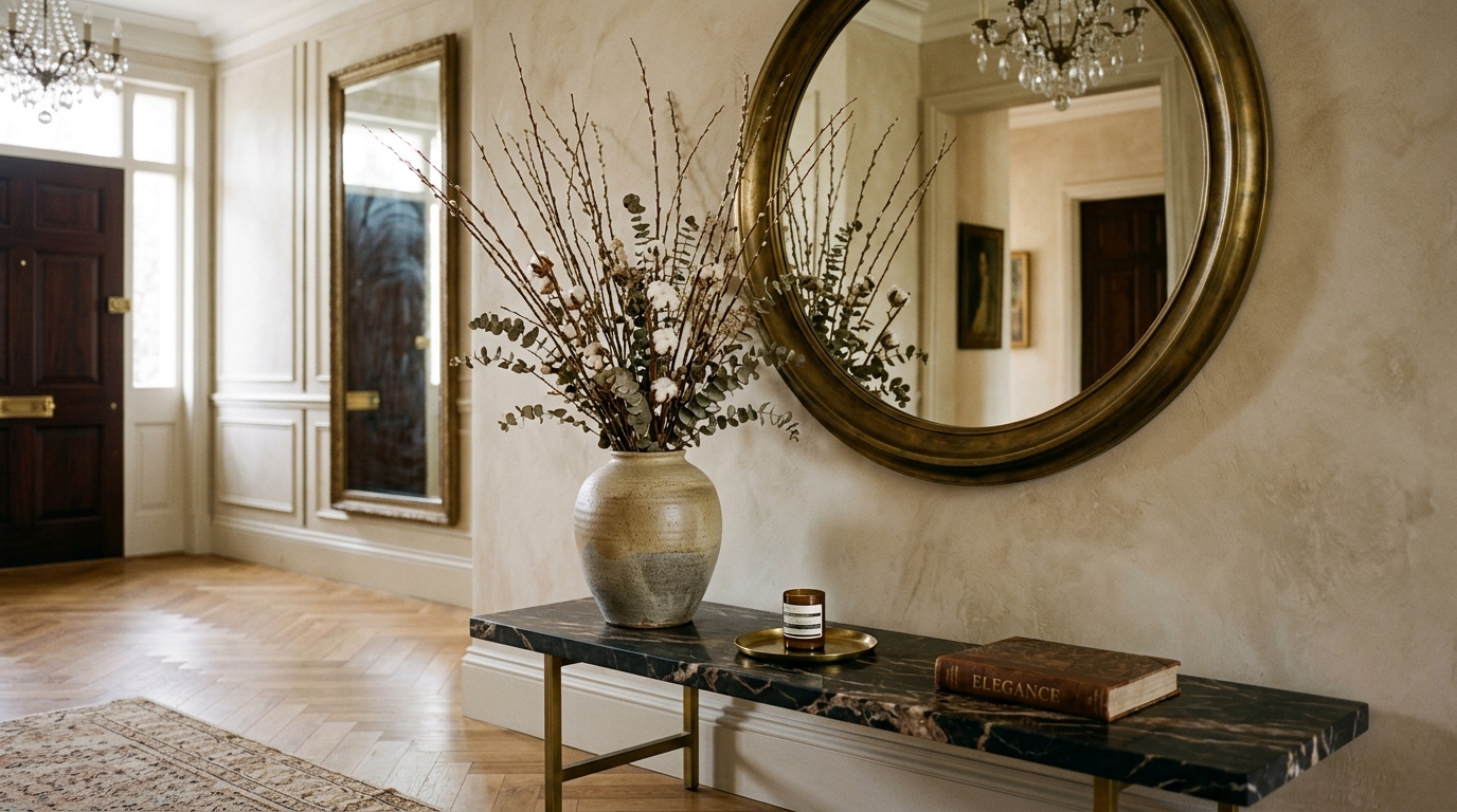 Luxury foyer vignette featuring a marble-topped bench, a large circular brass mirror, and a designer ceramic vase.