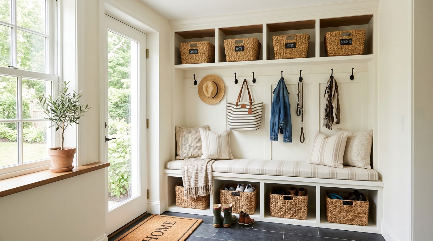 High-performance mudroom bench with cubbies finished in Benjamin Moore Swiss Coffee for a bright and airy feel.