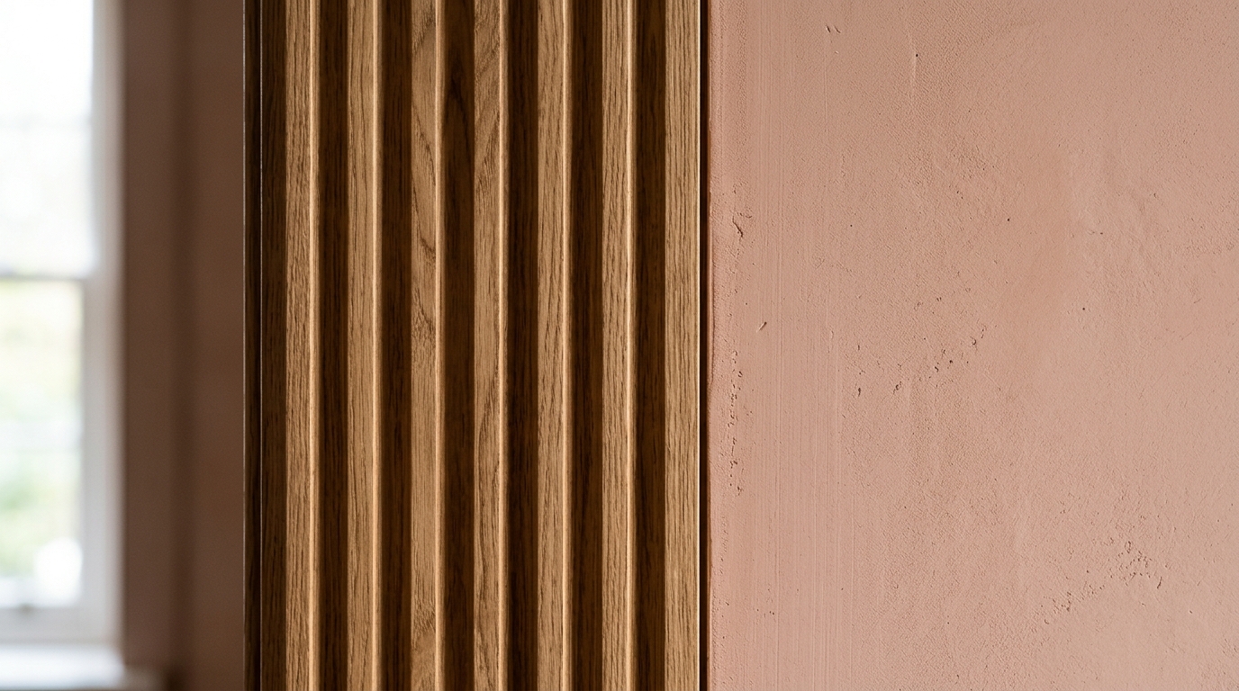 Tactile detail of a fluted oak bench facade against a backdrop of Farrow & Ball Setting Plaster walls.