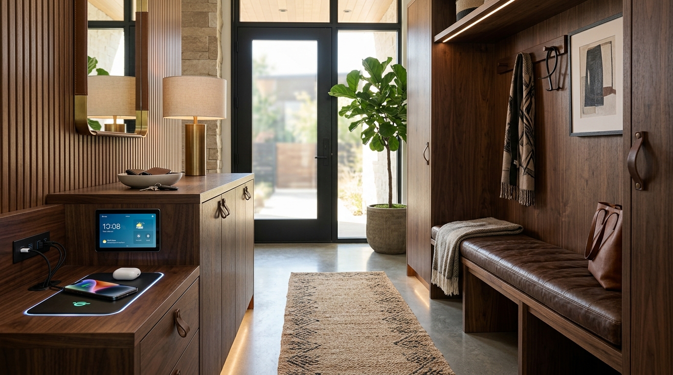 Entryway drop zone with a custom leather-cushioned bench and a built-in charging station for devices.