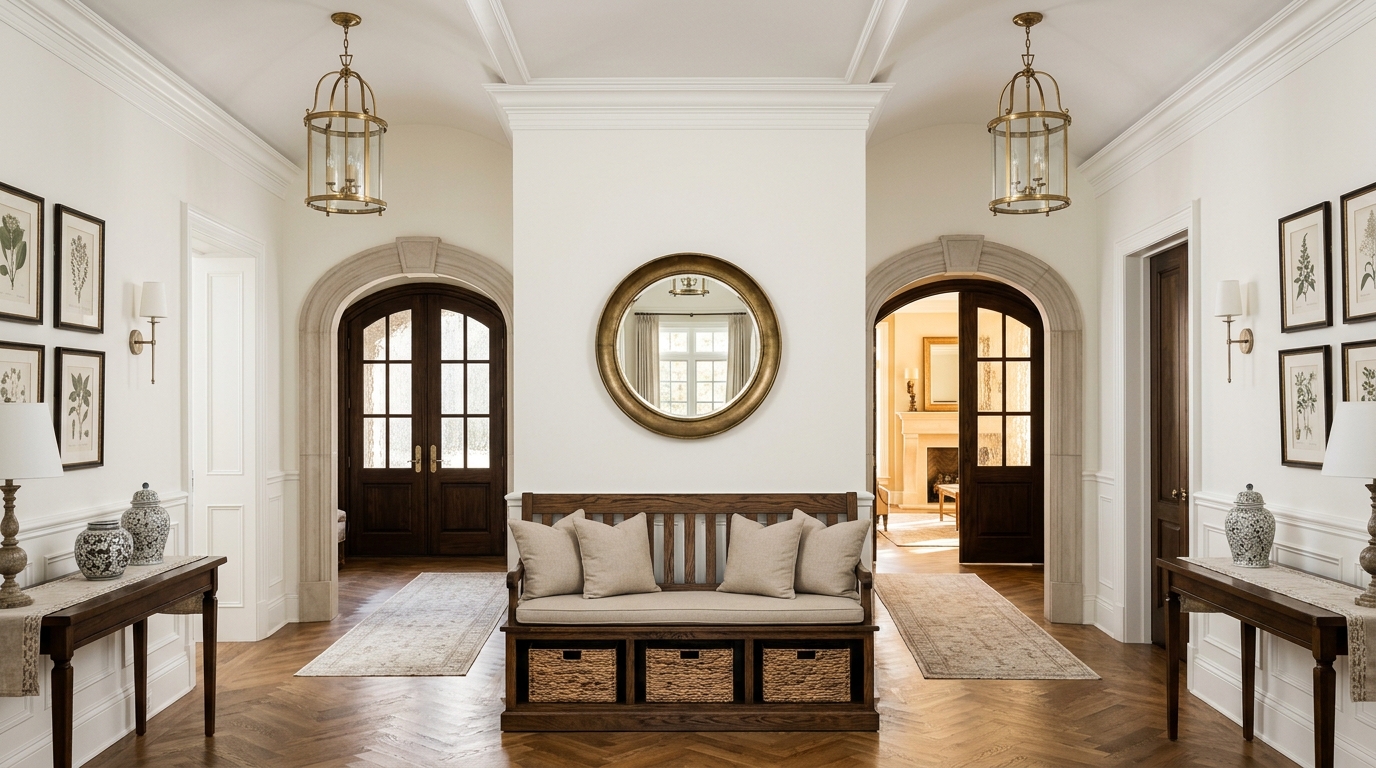 Architectural sightline showing an entryway bench with storage aligned perfectly with a grand arched doorway.