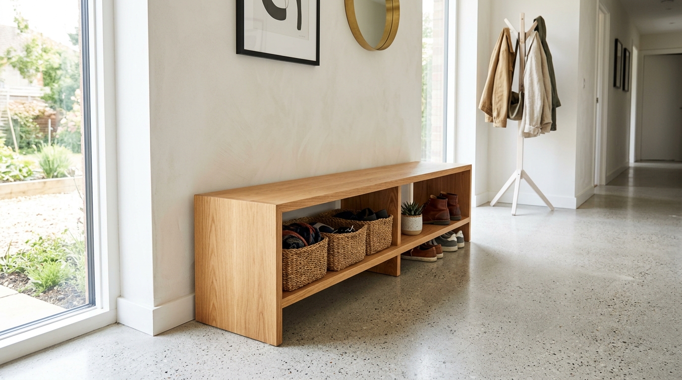 Modern bench with open shelving for easy-access shoe storage, styled with minimalist sneakers and a wool throw.